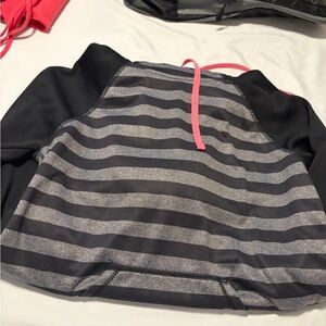 Striped Black and Gray Hoodie with Pink Accents